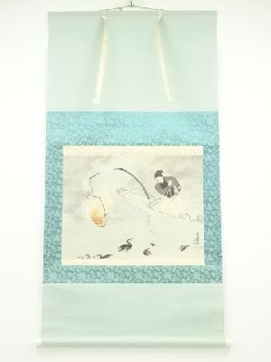 川合玉堂　鵜飼　印刷工芸品　絹本掛軸（共箱）